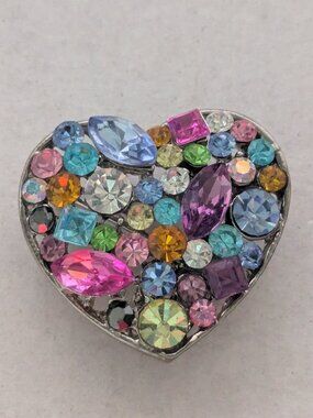 Silver Tone Muti Color Rhinestone Heart Pendant Brooch Pin